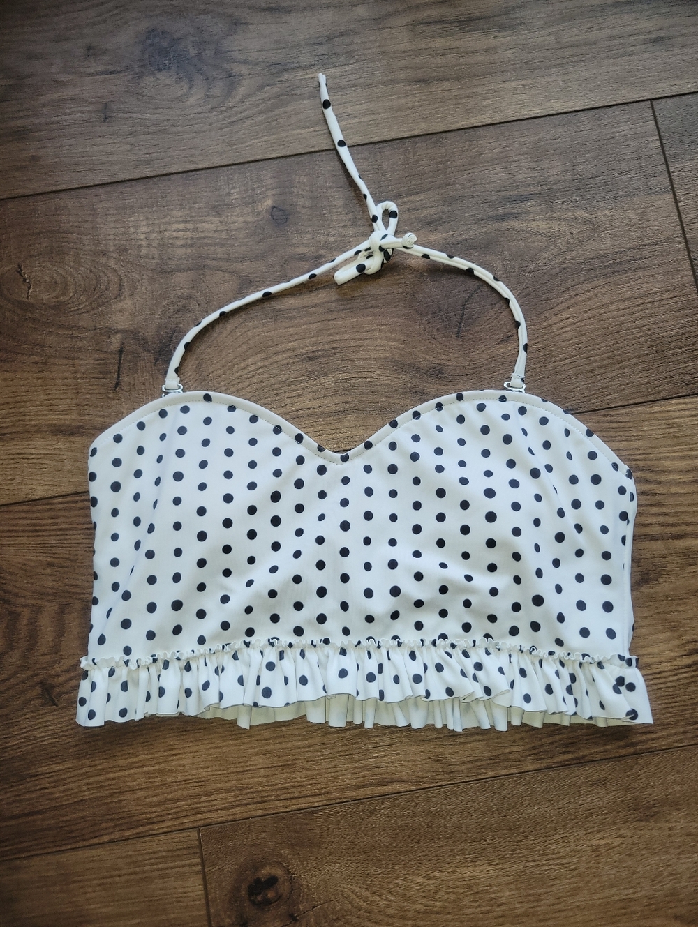 Kortni Jeane White With Black Polka Dots Halter Style Bikini Top small